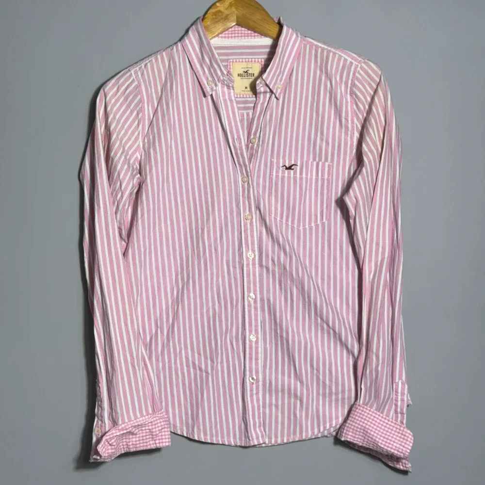 Hollister Button Down Shirt Womens Size Medium Striped Pink Preppy Academia Twee - Picture 1 of 9